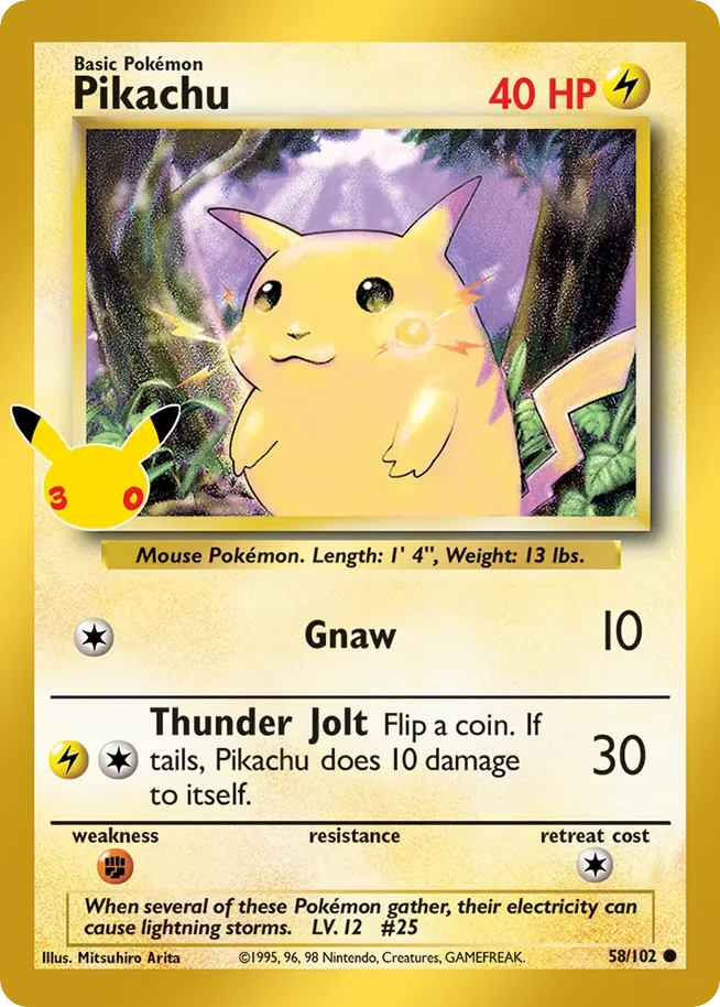 Pikachu Pokemon card from 30th Celebration: Classic Collection, card number 58