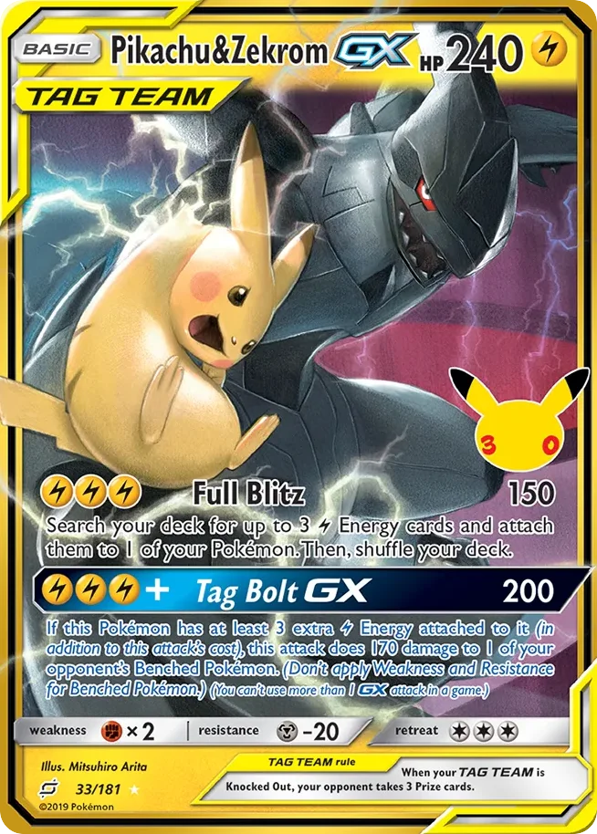 Pikachu & Zekrom-GX Pokemon card from 30th Celebration: Classic Collection, card number 33