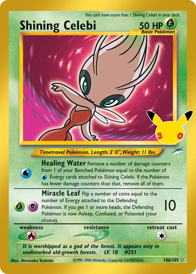Shining Celebi Pokemon card from 30th Celebration: Classic Collection, card number 106