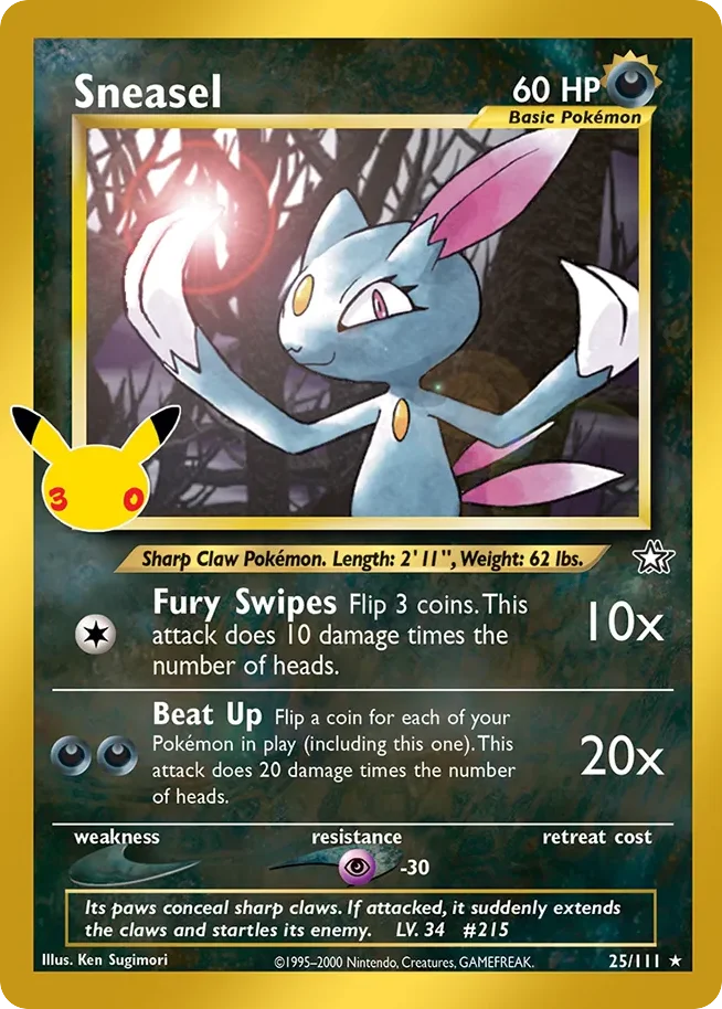 Sneasel Pokemon card from 30th Celebration: Classic Collection, card number 25