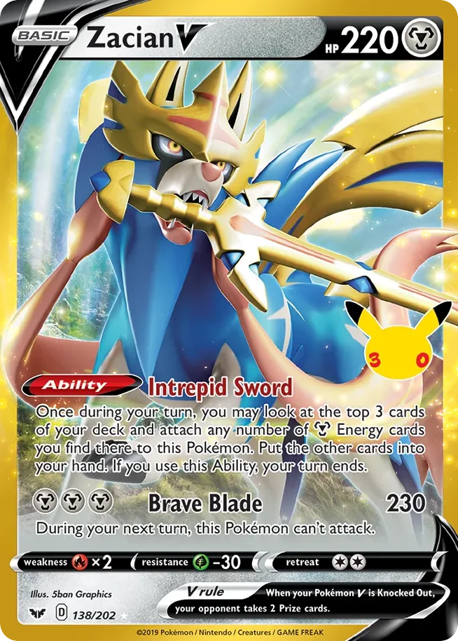 Zacian V Pokemon card from 30th Celebration: Classic Collection, card number 138