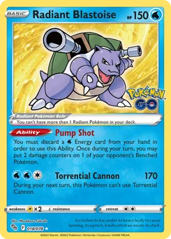Radiant Blastoise Pokemon card from Pokémon GO, card number 18
