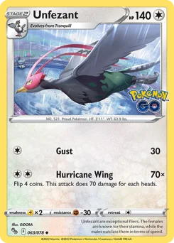 Unfezant Pokemon card from Pokémon GO, card number 63