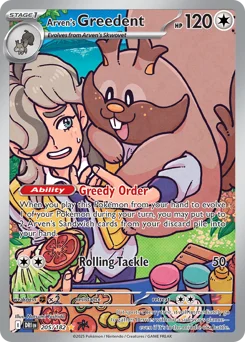 Arven's Greedent Pokemon card from Destined Rivals, card number 205