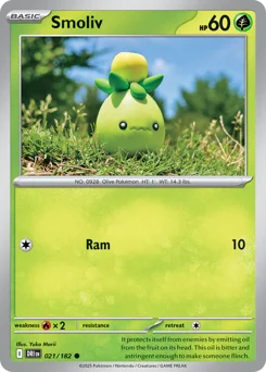 Smoliv Pokemon card from Destined Rivals, card number 21