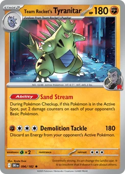 Team Rocket's Tyranitar Pokemon card from Destined Rivals, card number 96