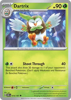 Dartrix Pokemon card from Obsidian Flames, card number 14