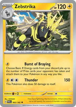 Zebstrika Pokemon card from Paradox Rift, card number 63