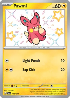 Pawmi Pokemon card from Paldean Fates, card number 142