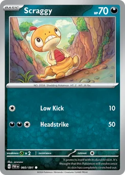 Scraggy Pokemon card from Paldean Fates, card number 60