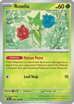 Roselia Pokemon card from Temporal Forces, card number 8