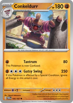 Conkeldurr Pokemon card from Twilight Masquerade, card number 105