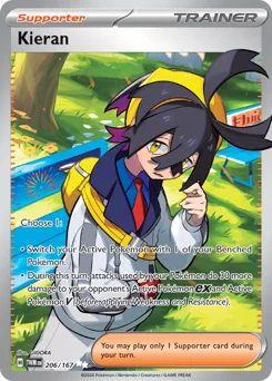 Kieran Pokemon card from Twilight Masquerade, card number 206