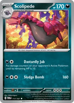 Scolipede Pokemon card from Twilight Masquerade, card number 117
