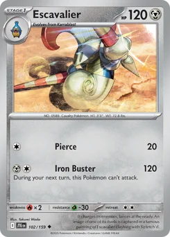 Escavalier Pokemon card from Journey Together, card number 102