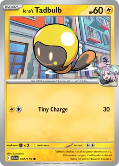 Iono's Tadbulb Pokemon card from Journey Together, card number 52