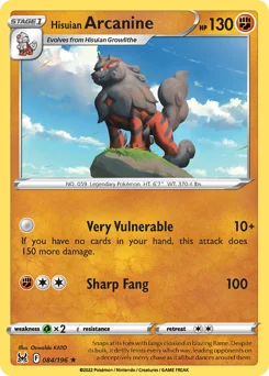 Hisuian Arcanine Pokemon card from Lost Origin, card number 84