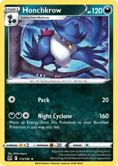 Honchkrow Pokemon card from Lost Origin, card number 115