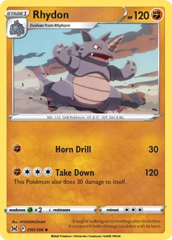 Rhydon Pokemon card from Lost Origin, card number 90