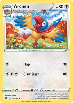 Archen Pokemon card from Silver Tempest, card number 146