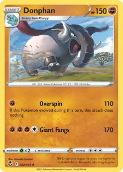 Donphan Pokemon card from Silver Tempest, card number 92