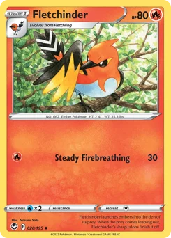 Fletchinder Pokemon card from Silver Tempest, card number 28