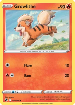 Growlithe Pokemon card from Silver Tempest, card number 19