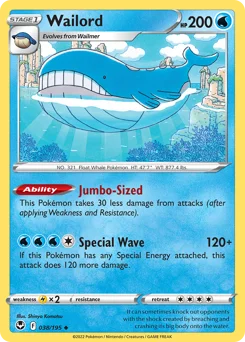 Wailord Pokemon card from Silver Tempest, card number 38
