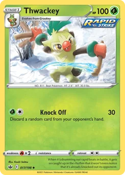 Thwackey Pokemon card from Chilling Reign, card number 17
