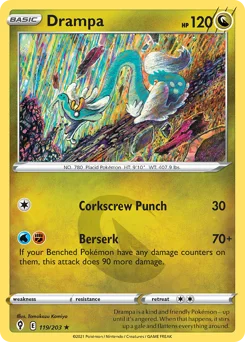 Drampa Pokemon card from Evolving Skies, card number 119