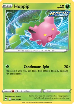 Hoppip Pokemon card from Evolving Skies, card number 2