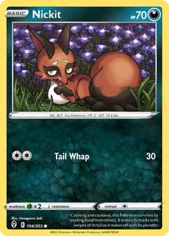 Nickit Pokemon card from Evolving Skies, card number 104