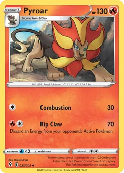 Pyroar Pokemon card from Evolving Skies, card number 23