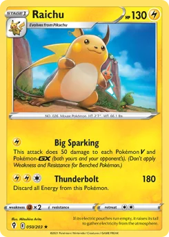 Raichu Pokemon card from Evolving Skies, card number 50
